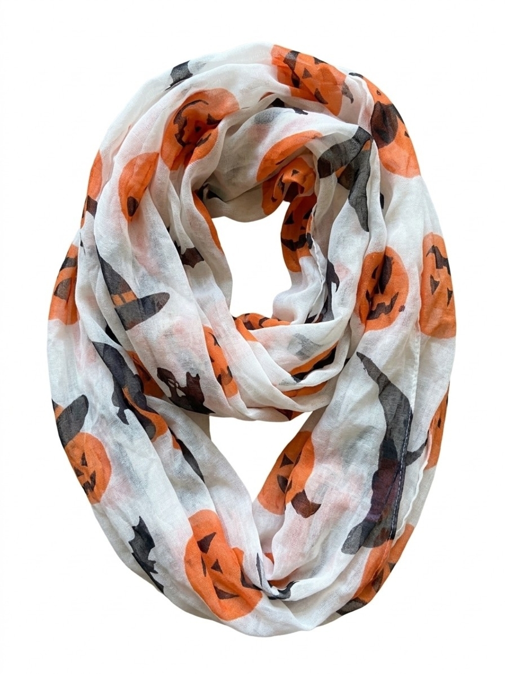 Festive Pumpkin & Bat Infinity Scarf - Orange & White